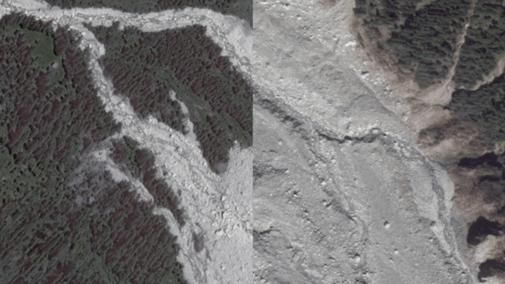 Comparison of satellite images before and after the landslide in Bondo (WorldView 3 from 6.6.2015 / WorldView 4 from 5.9.2017)