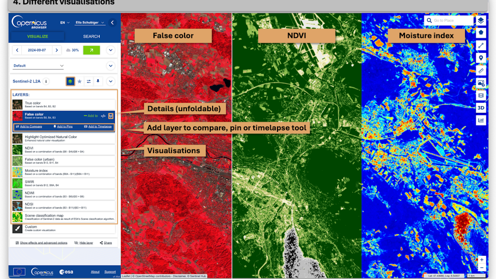 The Copernicus Browser user interface with different visualisation layers