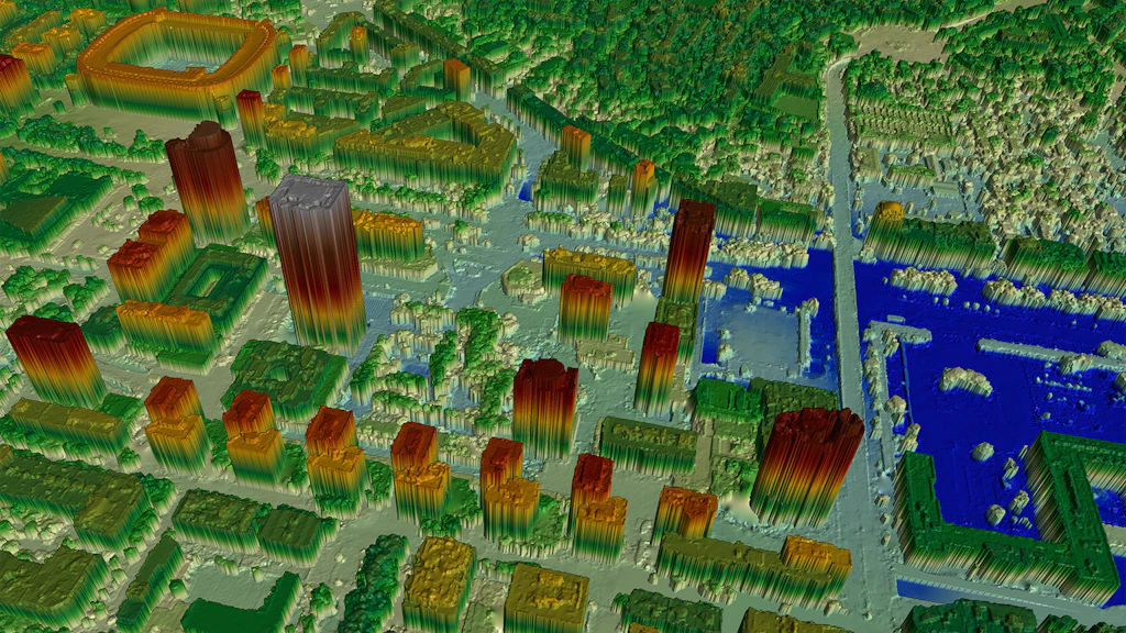 Digitales Oberflächenmodell (2018) von Madrid, generiert aus Tristereo-Satellitenbildern (WorldView 4 vom 19.9.2018, WorldView 4 vom 25.9.2018 und WorldView 3 vom 5.10.2018), mit Darstellung von Gebäudehöhen und natürlichen Merkmalen wie Gewässern und Vegetationsflächen