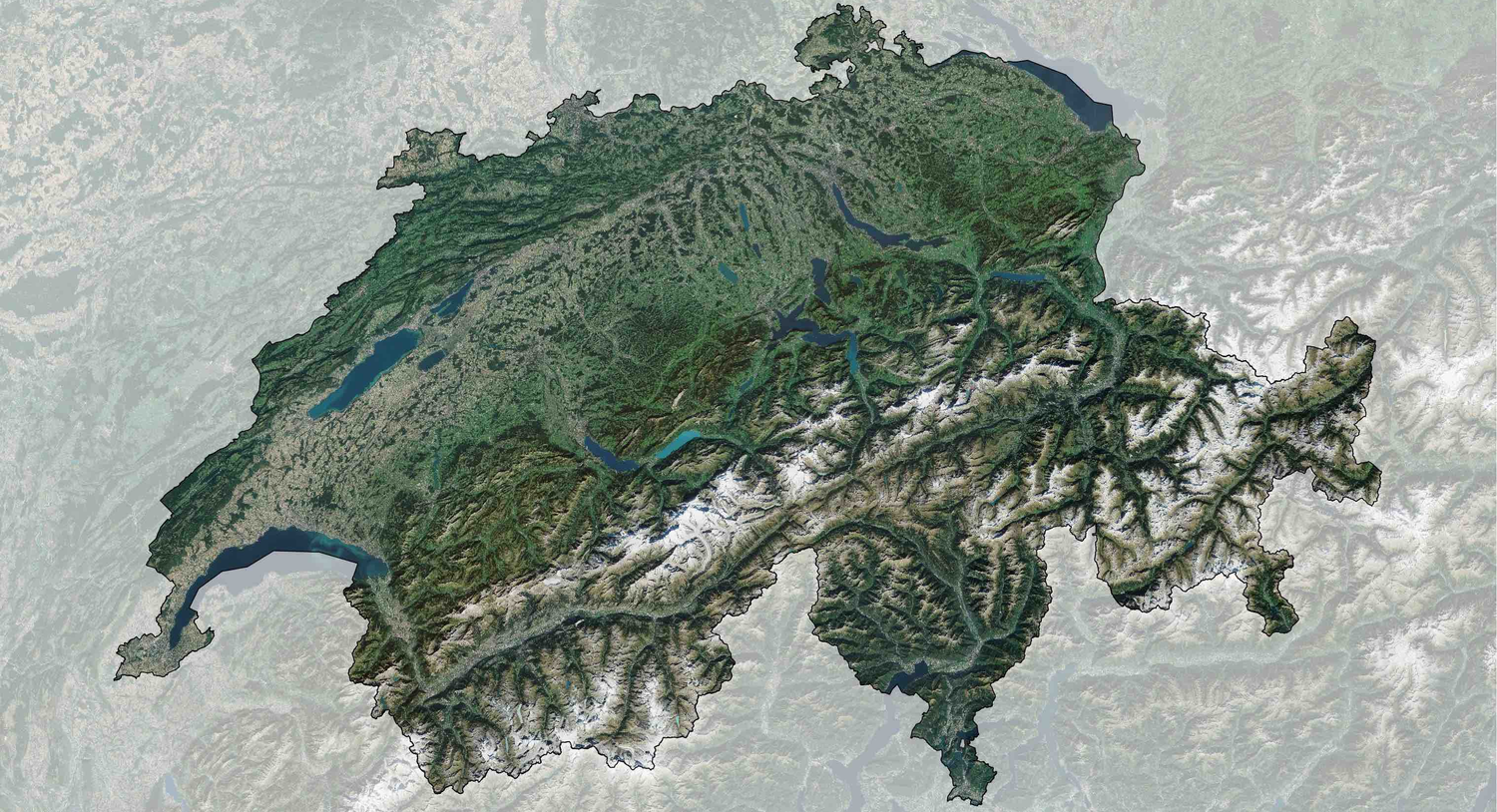 Ein wolkenloses Mosaik von Satellitenbildern aus dem Jahr 2019, welches die Schweiz und einen Teil der umliegenden Länder in natürlichen Farben zeigt