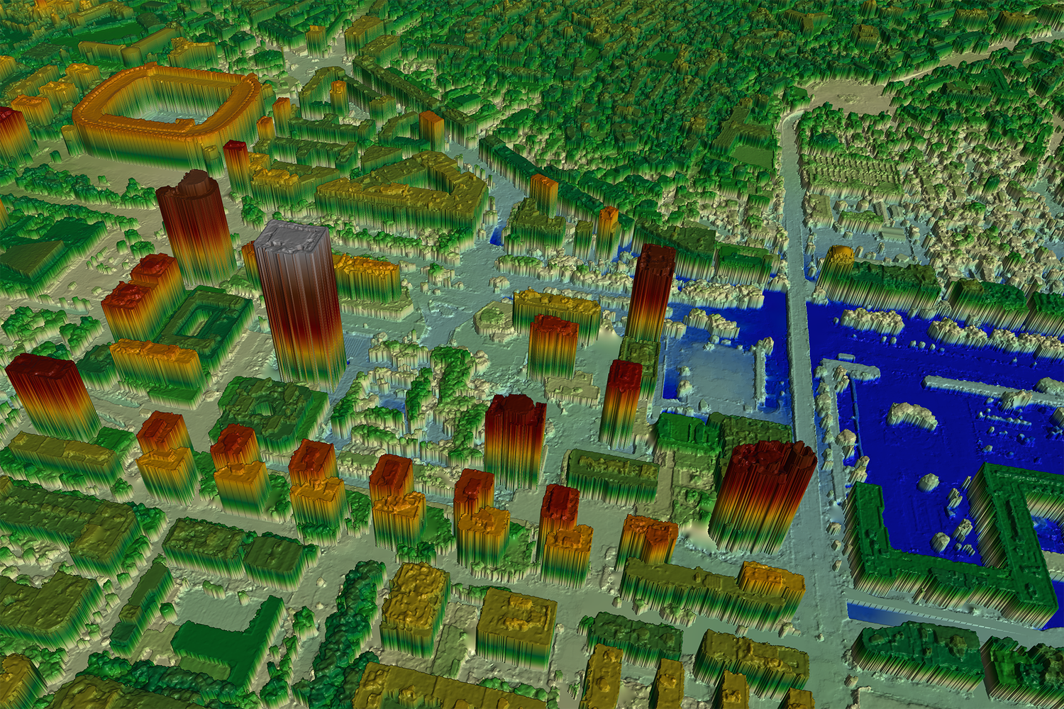 Digital surface model (2018) of Madrid generated from Tristereo satellite images (WorldView 4 from 19.9.2018, WorldView 4 from 25.9.2018, and WorldView 3 from 5.10.2018), showcasing building heights and natural features like water bodies and vegetated areas