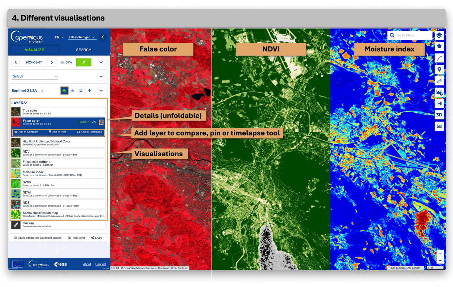The Copernicus Browser user interface with different visualisation layers