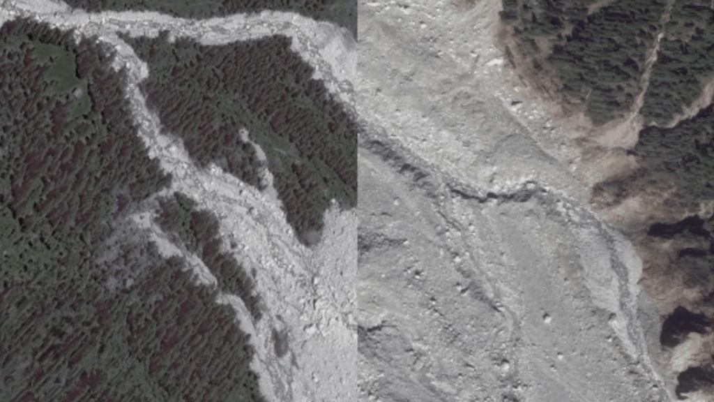 Comparison of satellite images before and after the landslide in Bondo (WorldView 3 from 6.6.2015 / WorldView 4 from 5.9.2017)