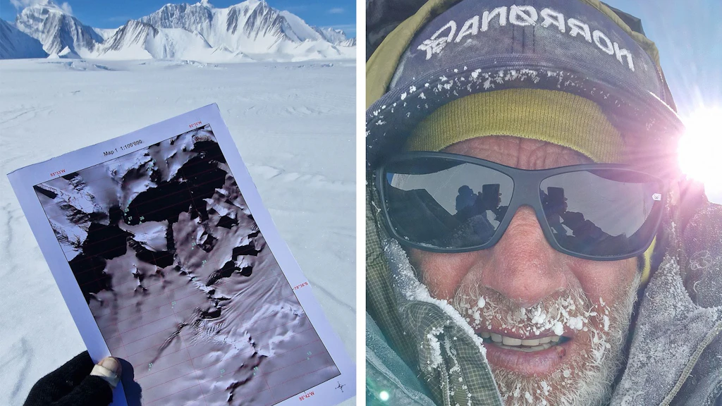 L'image illustre l'utilisation d'images satellite, dans ce cas pour l'expédition Antarctique de T. Ulrich en 2023. L'image est divisée en deux parties. À gauche, une main tient une carte avec, en arrière-plan, les montagnes enneigées de l'Antarctique, sous un ciel bleu limpide. La carte a été créée à partir d'une image satellite Sentinel-2 et montre une topographie détaillée. À droite, un gros plan de T. Ulrich, barbe de givre et lunettes de soleil, vêtu de lourds vêtements d'hiver, avec le soleil brillant derrière lui