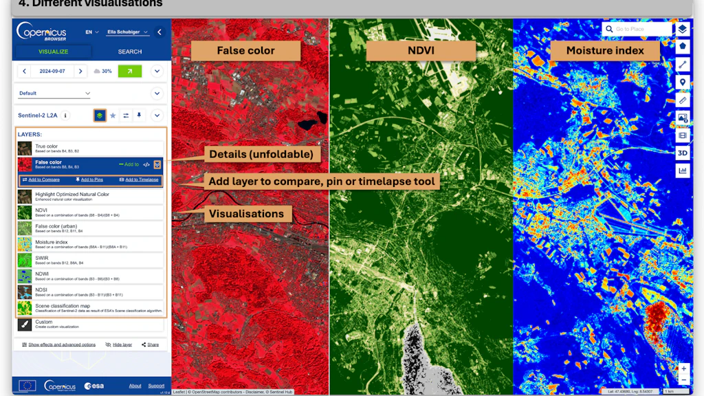 The Copernicus Browser user interface with different visualisation layers