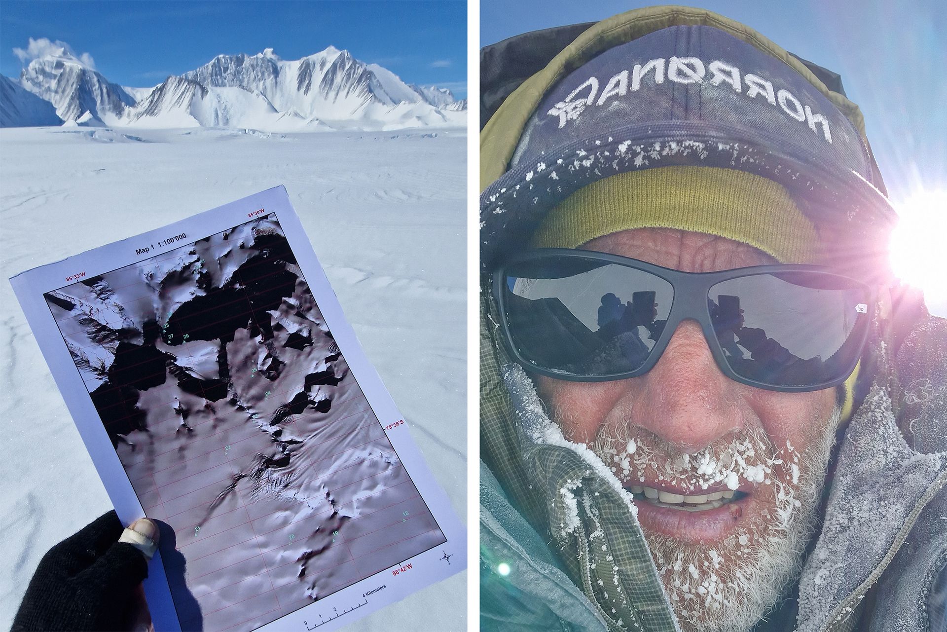 L'immagine mostra l'uso di immagini satellitari, in questo caso per la spedizione antartica di T. Ulrich nel 2023. L'immagine è divisa in due parti. A sinistra, c'è una mano che regge una mappa con un terreno montuoso innevato dell'Antartide sullo sfondo, sotto un cielo azzurro e limpido. La mappa è stata creata da un'immagine satellitare Sentinel-2 e mostra una topografia dettagliata. A destra, c'è un primo piano di T. Ulrich con barba gelata e occhiali da sole, vestito con pesanti abiti invernali, con il sole che splende luminoso dietro di lui